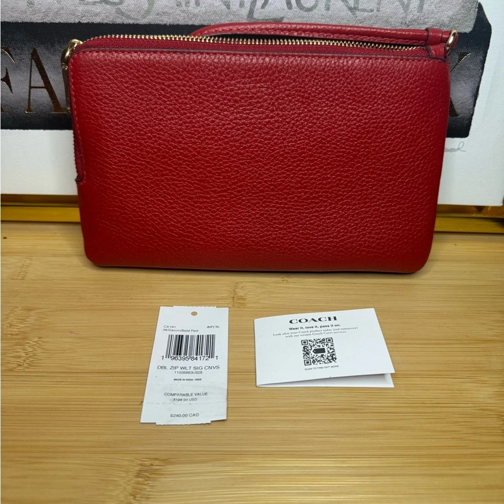 Coach Navy Signature Canvas and Red Leather Zip Pouch - Picture 2 of 4